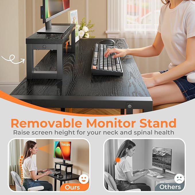 Folding Desk with Monitor Stand, 31.5 Inch Foldable Computer Desk with Hook, Sturdy Small Space Saving Writing Table for Home Office Dorm, Black