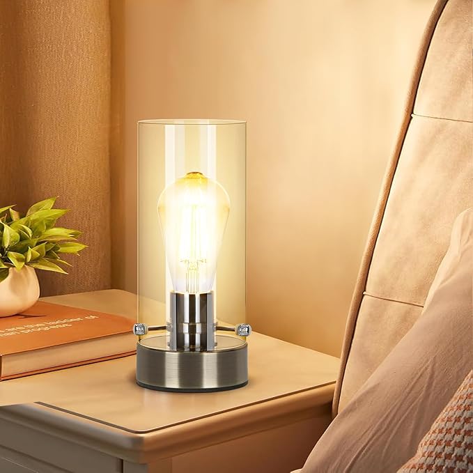 Bedside Nightstand Lampfor Bedroom Living Room, Modern Table Lamp Desk Lamp with Glass Lamp Shape, 2700K 6W Glass Bulb Included(Bronze).