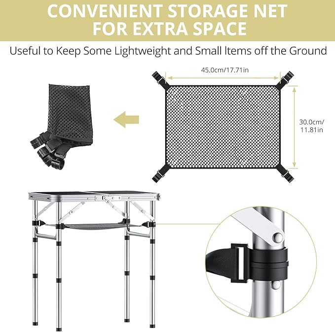 Anbte 2ft Camping Table Foldable, 3 Adjustable Heights 26.3" Aluminum Small Folding Table with Storage Net, Lightweight, Portable Handle for Travel Outdoor Beach Picnic, 23.2" x 16", Black
