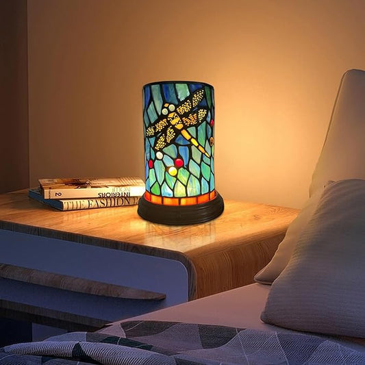 Tiffany Lamp Small Bedside Table Lamp for Bedroom 3-Color 3 Way Dimmable LED Night Light Blue Dragonfly Stained Glass Hand-Made Nightstand Lamps for Living Room Mother's Day Christmas Gifts