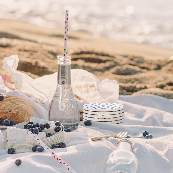 LIFVER 6 Piece Absorbent Stone Coaster Set with Holder, Ceramic Drink Coasters, 4 Inch Farmhouse Coasters with Cork Base, Ideal Gift for Housewarming