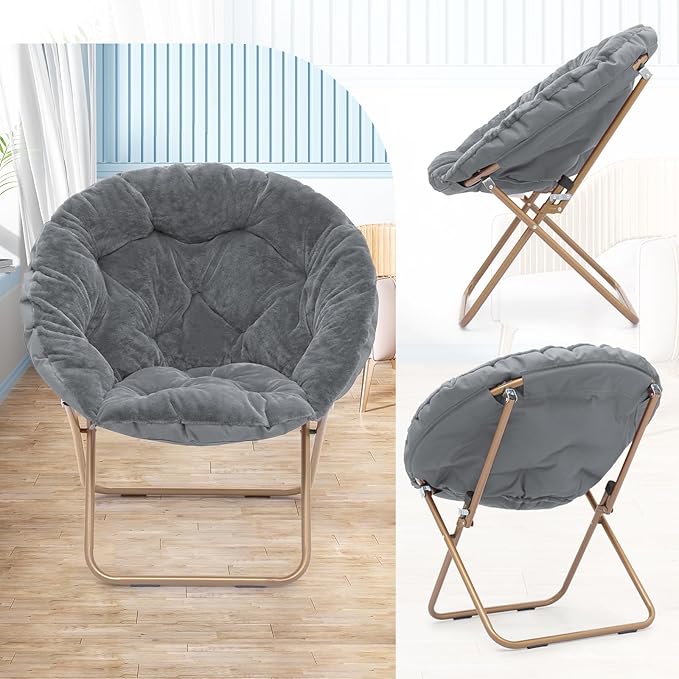 Athena Collection Comfy Saucer Chair Folding Cozy Chair for Bed Room Living Room Accent Chair Faux Fur Reading Chair Foldable Metal Frame Lazy Chair Moon Chair for Adult, Grey