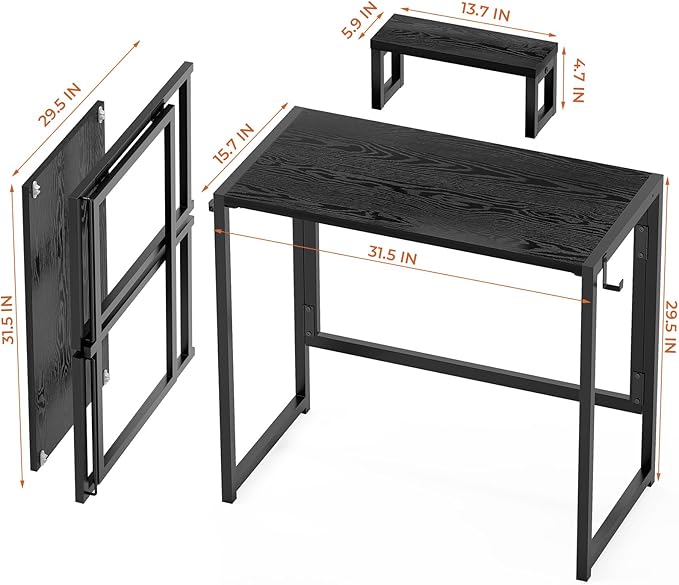 Folding Desk with Monitor Stand, 31.5 Inch Foldable Computer Desk with Hook, Sturdy Small Space Saving Writing Table for Home Office Dorm, Black