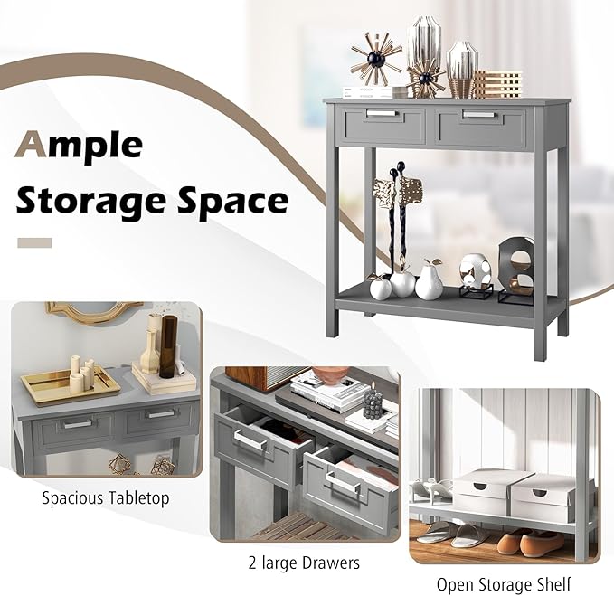 KOTEK Console Table with 2 Drawers & Shelf, Narrow Sofa Table with Rubber Wood Legs, Small Entryway Table for Living Room, Hallway, Office (Grey)