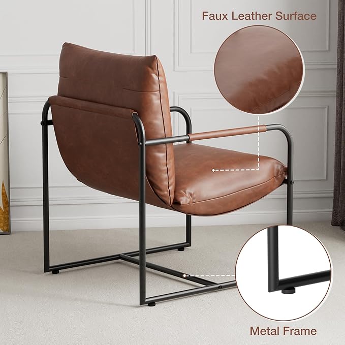 HOMMPA Sling Accent Chair Set of 2, Steel Frame Lounge Arm Chair Living Room Chair with Side Storage Pocket, Faux Leather Surface Reading Accent Chair Mid Century Modern Bedroom Chair, Brown
