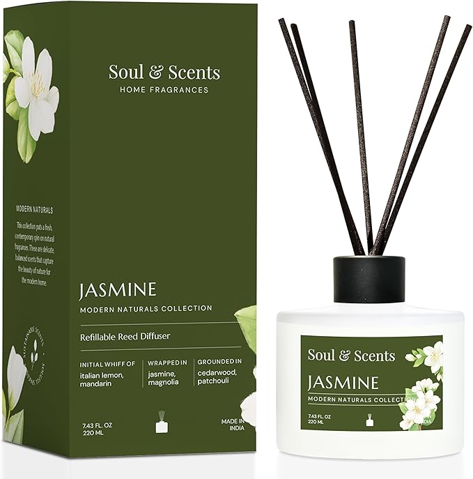 Soul & Scents Reed Diffuser Set – Jasmine | 7.43 oz Refillable Scented Oil with 6 Fiber Sticks | Long-Lasting Home Fragrance & Air Freshener for Bedroom, Bathroom, Office | Gift & Décor Piece