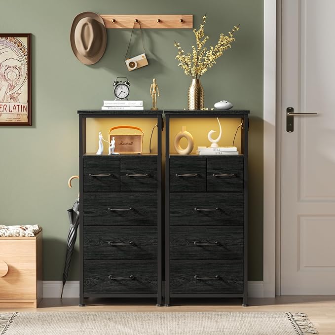 Furnulem Dresser for Bedroom, Tall Nightstand, Vertical Chest with Wood Top, Charging Station, LED Lights, 5 Fabric Bins, Bedside Table with Shelf, Furniture for Entryway (5 Drawer, Black Oak)