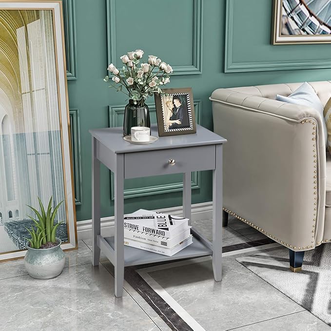 Giantex Nightstand Wooden 2-Tier Couch Sofa Side Table with Drawer, Storage Shelf, Solid Wood Legs,Mufti-Functional Home Furniture for Living Room Bedroom Study Room End Table (2, Gray)