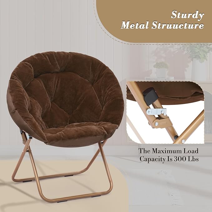 Athena Collection Saucer Chair with Ottoman Comfy Chair for Bed Room Living Room Folding Round Cozy Chair Faux Fur Metal Frame Foldable Lazy Chair Accent Chair Reading Chair Set of 2, Brown