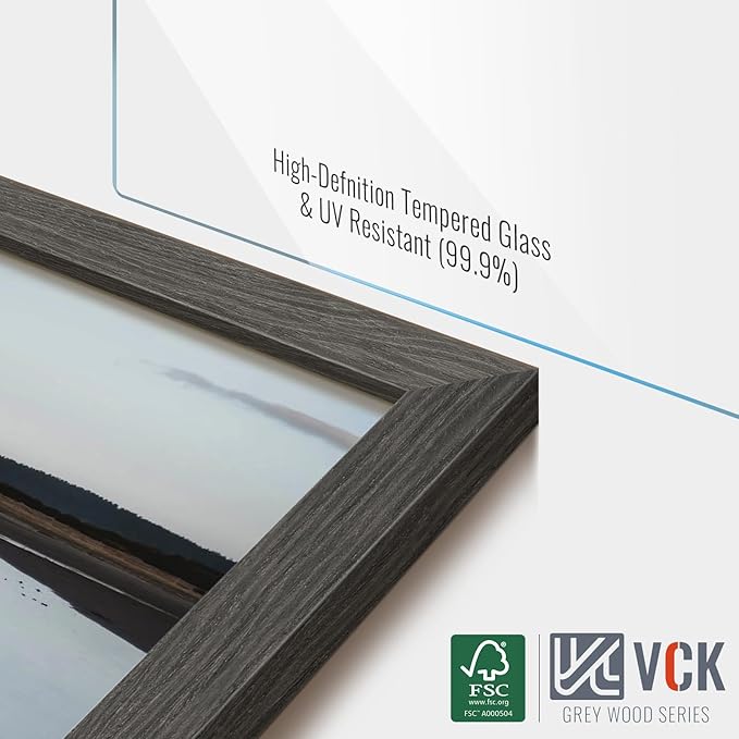 VCK 8x10 Picture Frame 5 Pack - Grey, High-End Wood Poster Frames with Tempered Glass, Display 5x7 Photo with Mat or 8x10 without Mat, Art Gallery-Quality, Wall Hanging/Tabletop, Grey