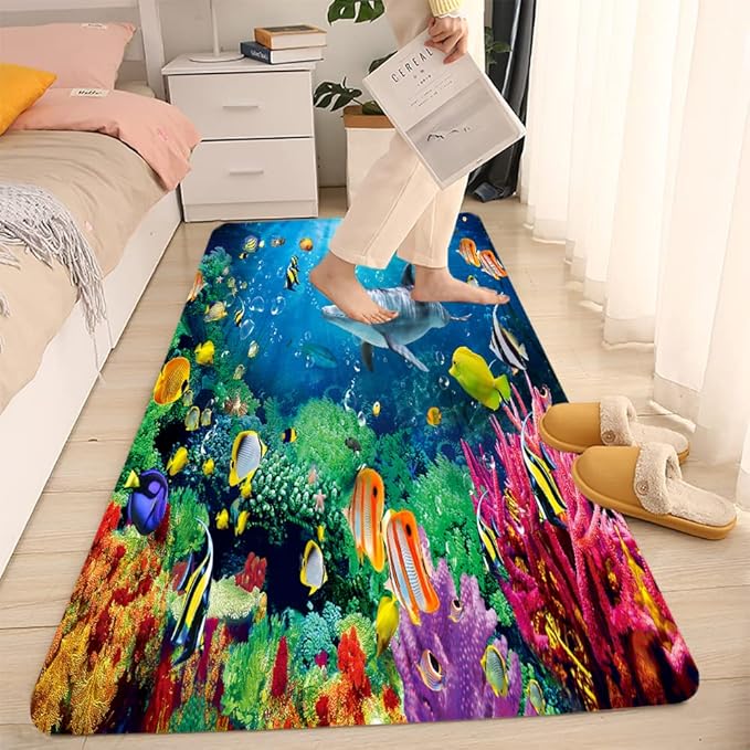 Bath mats in Bathroom and Kitchen Sponge Foam Carpet absorbs Soft (71 x 24 inches), Flange mats in Bedside and Living Room are Non Slip and Bright 3D Printing (Dolphin Underwater World)