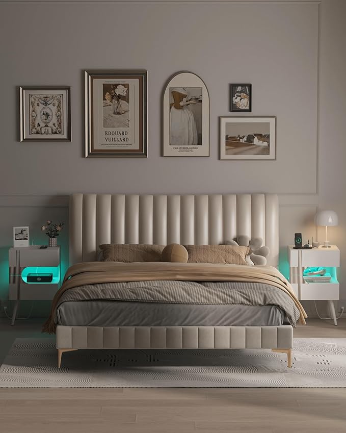 White Nightstand with Charging Station and LED Lights,Modern Bedside Table with 2 Storage Drawer,Night Stand with Solid Wood Legs,White (White-2)