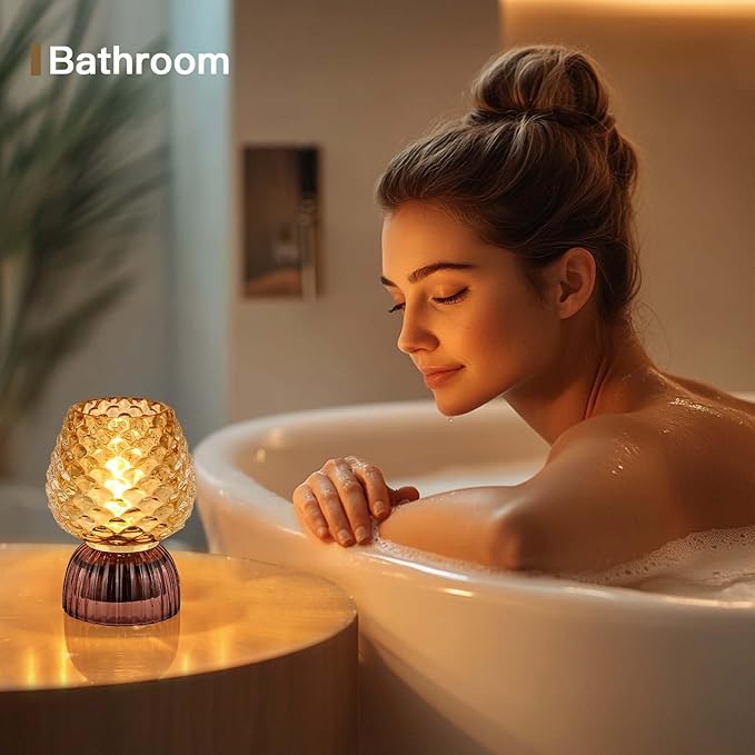 Battery Operated Lamp with Timer, Cute Small Cordless Glass Table Lamp for Home Decor, Kitchen, Bathroom, Birthday Gift for Women, Pinecone, Amber