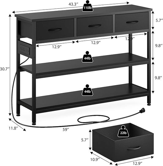 Lulive Entryway Table with Power Outlets, Console Table with 3 Fabric Drawers, Sofa Table for Living Room, Hallway, Couch, Foyer, Height Adjustable (Black, 43")