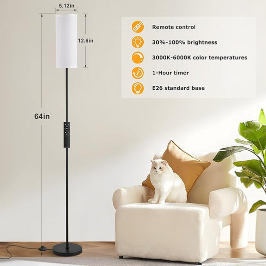 Ambimall Floor Lamps for Living Room, 64" Modern Floor Lamp with Remote Control and Stepless Dimmable Colors Temperature & Brightness, Standing Lamps for Living Room Bedroom Office, 9W Bulb Included