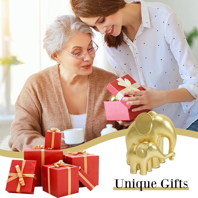Elephant Figurines Gold Home Decor-Mom and Baby Elephant Statues,House Decorations Living Room,Modern Style Sculptures for Table Bookshelf Office Desktop TV Stand Decor,Gift for Women