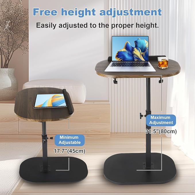 Side Table TV Tray for Couch,90° Tiltable TV Tray Table Height Adjustable 360° Swivel C Shaped End Table for Small Spaces,Bedside Bathroom Living Room(Walnut Color) (Tiltable Walnut)
