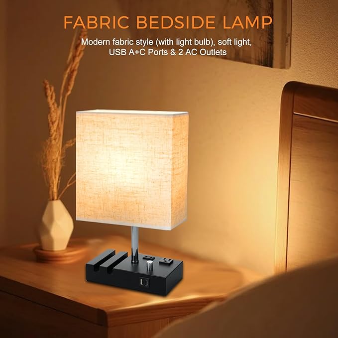 Nightstand Lamp for Bedroom with USB A + C Ports, Small Bedside Table Lamp with Charging Outlets and Phone Stands, 3 Color Temperatures Night Stand Light with Bulb for Living Room