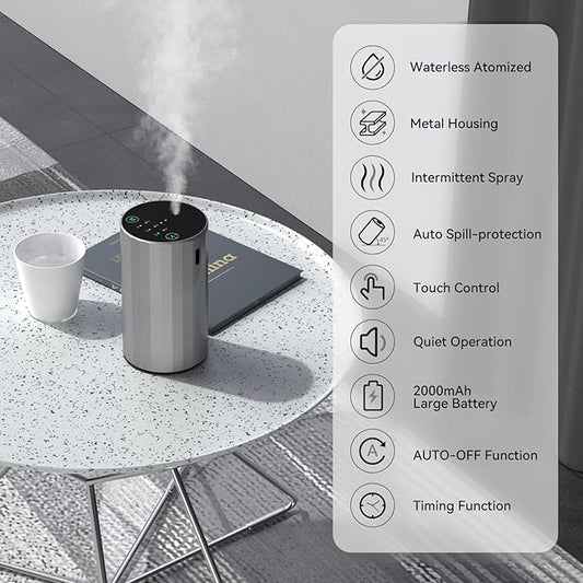 Waterless Essential Oil Diffuser Aromatherapy Scent Diffusers for Home Large Room, Bedroom, Car, Office, Desk, Battery Operated Mini Portable Air Freshener (Silvery)