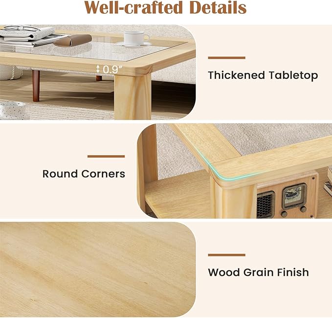 Tangkula 2-Tier Coffee Table, Rectangular Center Table with Tempered Glass Tabletop & Storage Shelf, Farmhouse Wooden Accent Table with Rounded Corners for Living Room (Natural)