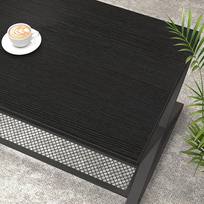 LVB Black Coffee Table, Metal Wood 2 Tier Center Tables with Storage Shelf, Modern Rectangular Cocktail Tea Table for Living Room, Wooden Middle Concrete Table for Office Bedroom, 39 inch, Black Oak