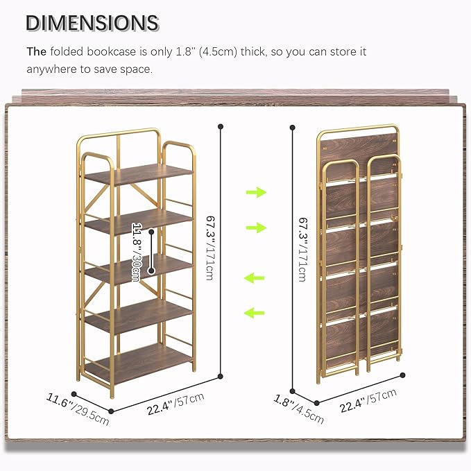 4NM No Assembly Folding Bookshelf, 5 Tiers Collapsible Book Shelves Open Industrial Foldable Storage Bookcase Shelf for Bedroom, Living Room, Home Office - Brown and Gold