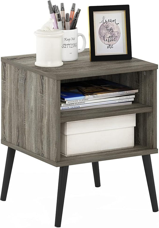 Furinno Claude Side Table, 2-Tier Square End Table with Wooden Legs, Open Shelf Night Stand, Bedside Table, for Living Room, Bedroom, French Oak Grey