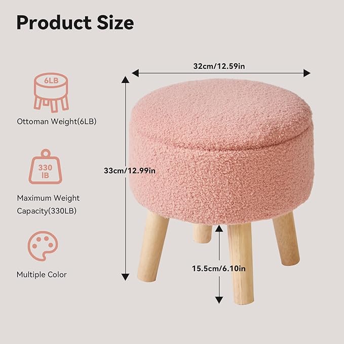 IBUYKE 13 Inch Foot Stool Ottoman with Storage, Round Small Foot Rest with Padded Seat and Wood Legs, Teddy Velvet Mini Footstool for Living Room Couch Bedroom Entryway, Pink WBD006P