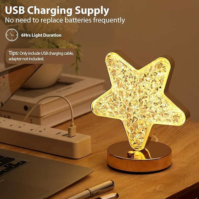 Lewondr Star Table Lamp, Stepless Dimmable Touch Lamp with 3 Colors, Rechargeable Night Light with USB Port, Crystal Star Light Bedside Lamp for Nightstand Desk Bedroom Living Room Home Decor
