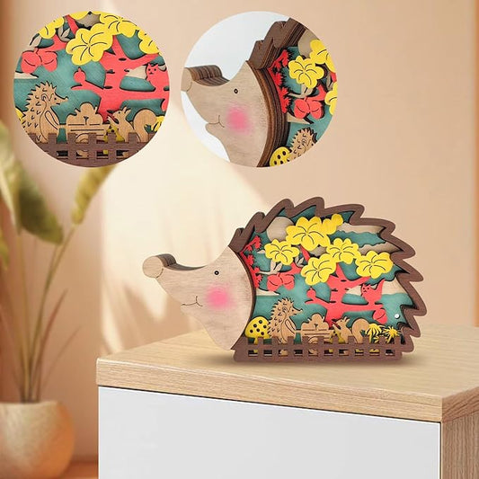 3D Wooden Carving Animals Lamp - Creative Fox Squirrel Wood Carved LED Night Light Garden Yard Wooden Animals Sculpture Ornaments Desktop Home Decor Birthday Gifts for Family Friend (Hedgehog)