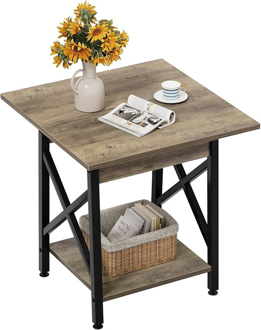 GreenForest End Table 24 inch for Living Room, Large Square Side Tables with X-Frame, Tall Industrial Bedside Nightstand with 2-Tier Storage, Gray Wash