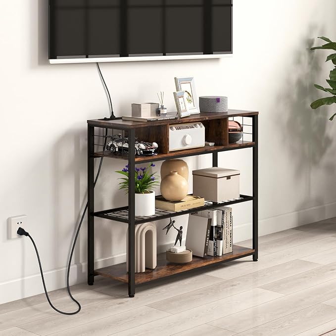 Livofloral Console Tables with Charging Station, 4 Tier Narrow Sofa Tables with Storage Shelves, Entryway Tables with Outlet and USB Ports, Behind Couch Table for Living Room Hallway, Rustic Brown