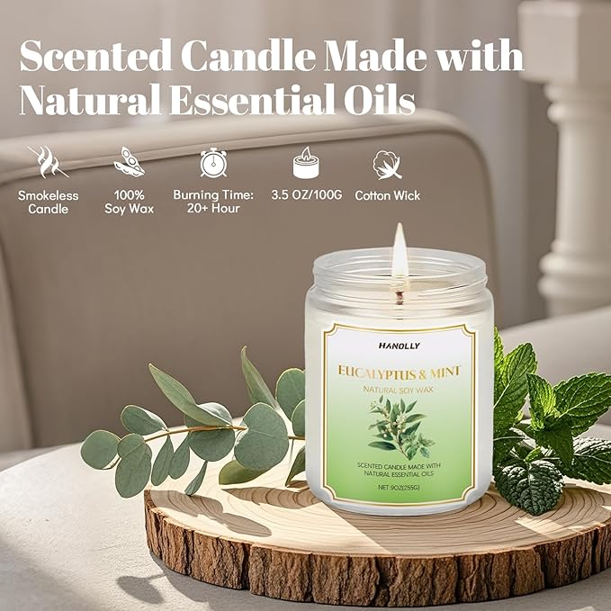 Eucalyptus Mint Candle, 9 oz Scented Candles for Home Soy Candle Wax, Aromatherapy Candles for Women Men, Birthday Christmas Gifts, Perfect for Creating a Relaxing Ambiance