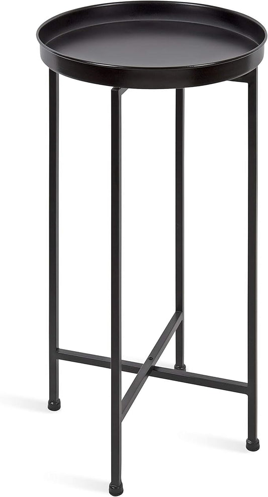 Kate and Laurel Celia Round Metal Foldable Accent Table with Tray Top, Black