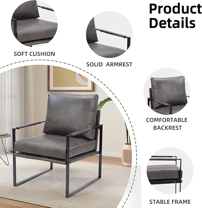 INZOY Mid Century Modern Accent Chair with Removable Cushions Set of 4, Comfy PU Leather Living Room Chairs with Thicker Backrest and Cushion, Metal Frame Design, Dark Grey