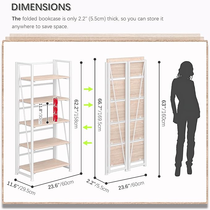 4NM No Assembly Folding Bookshelf, 5-Shelf 62.2" H Collapsible Foldable Bookcase Storage for Small Spaces, Natural White