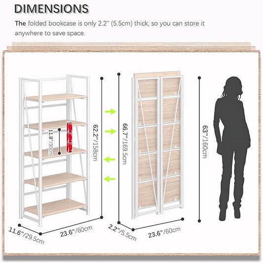 4NM No Assembly Folding Bookshelf, 5-Shelf 62.2" H Collapsible Foldable Bookcase Storage for Small Spaces, Natural White