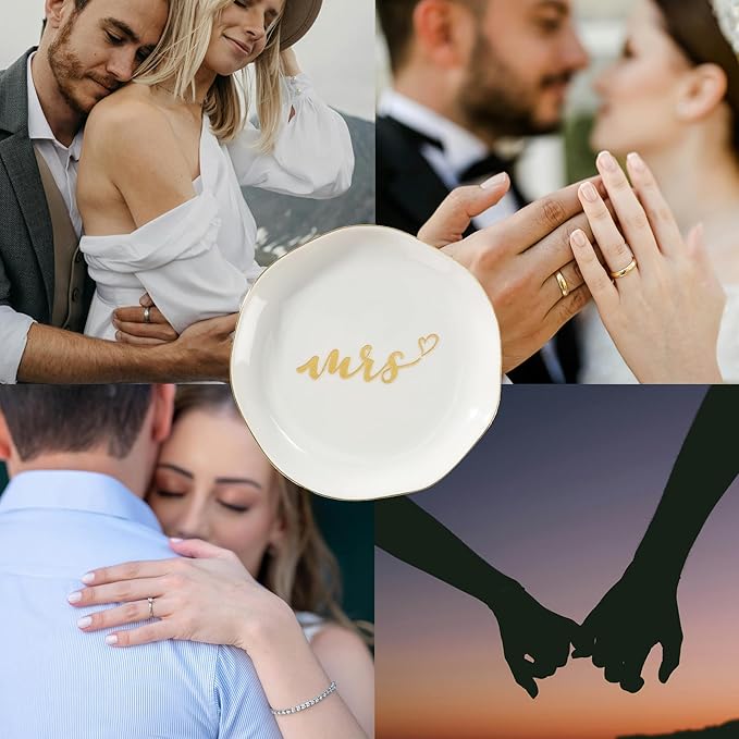 HOME SMILE Mrs Ring Dish, Engagement&Wedding Gifts for Women, Bridal Shower Present,Ceramic Jewelry Tray, 4.5"