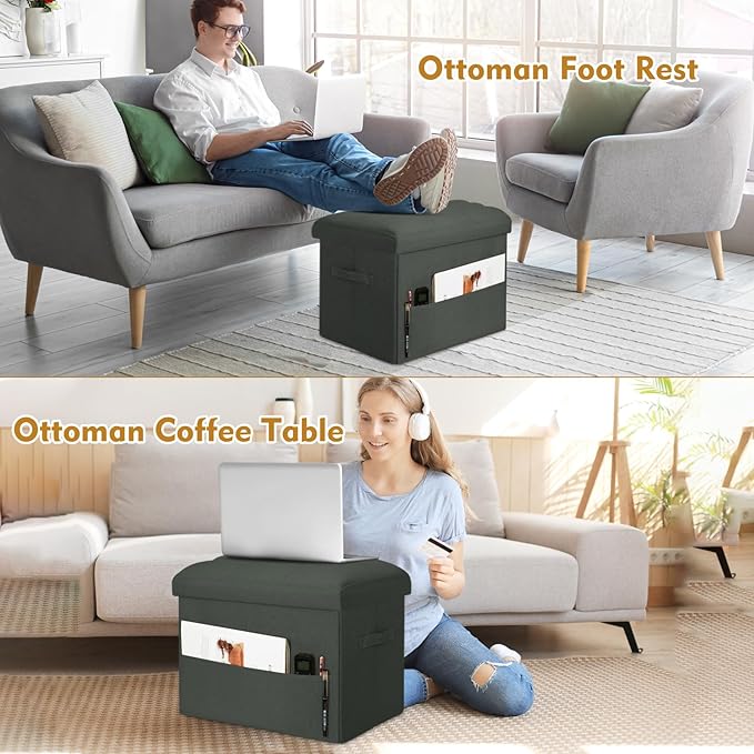 Small Ottoman with Storage, Foldable Ottoman Foot Rest Stool with Thicker Foam Padded Seat. Linen Storage Bench for Bedroom Living Room, Holds Up to 300 lbs, 17x13x13IN(Black Green)