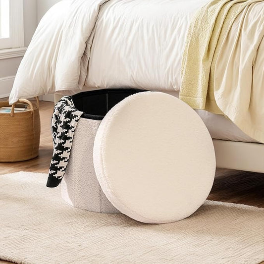 15 Inchs Round Storage Ottoman, Small Foldable Foot Stool with Hidden Storage for Living Room, Bedroom-White