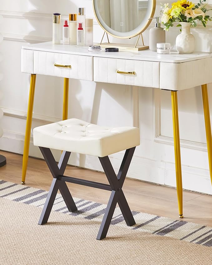 IBUYKE U-Shaped PU Vanity Stool, Square Makeup Chair with X-Leg, Ottoman Seat Footrest Stool, Multi-Use as Small Side Table, for Bedroom, Living Room, White WBD019W