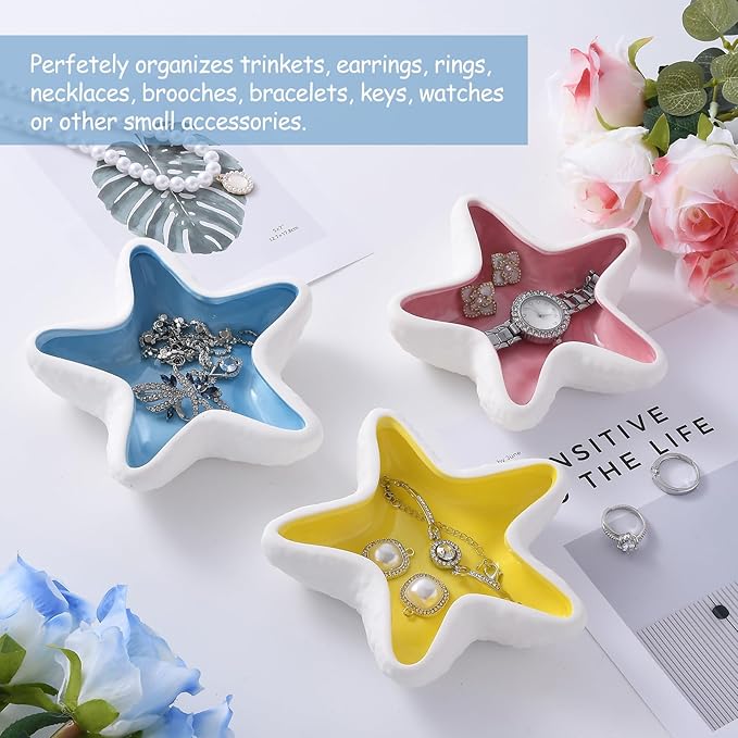 Ceramic Starfish Jewelry Tray, Blue Shell Trinket Dish Beach Gift for Women, Ocean-themed Ring Holder Candy Dish Decorative Tray for Earrings Necklaces Watch Key, Coastal Blue Room Decor
