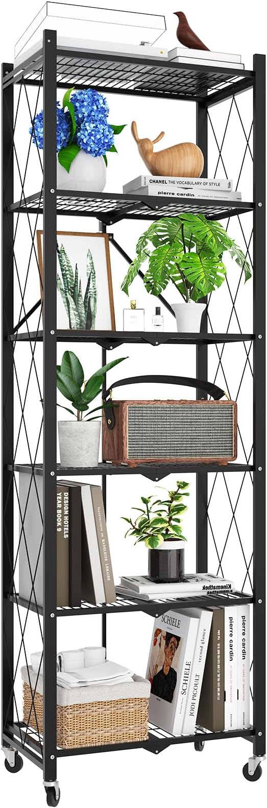 72" H 6 Tier Foldable Storage Shelf with Wheels, Folding Shelving Loads 600 LBS, Metal Steel Garage Shelves, Rolling Standing Utility Rack for Kitchen, Pantry, Office, Black