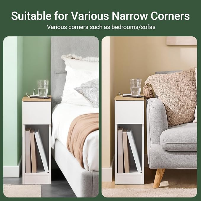 SoBuy Narrow Nightstand Set of 2 with Charging Station, Slim White Bedside Tables with USB & Type-C Ports, Drawer and Shelf, Modern Side Tables for Bedroom, Living Room or Dorm, FBT111-E-WNx2