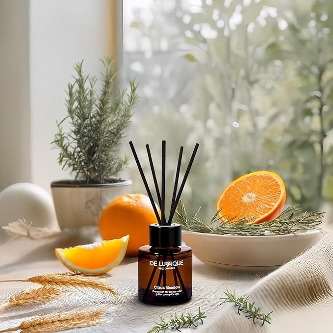 Luxury Reed Diffuser – Citrus Meadow Scent with Orange, Lemon, Thyme & Hay – Long-Lasting Diffusers for Home, Premium Essential Oils for Bedroom, Bathroom & Office