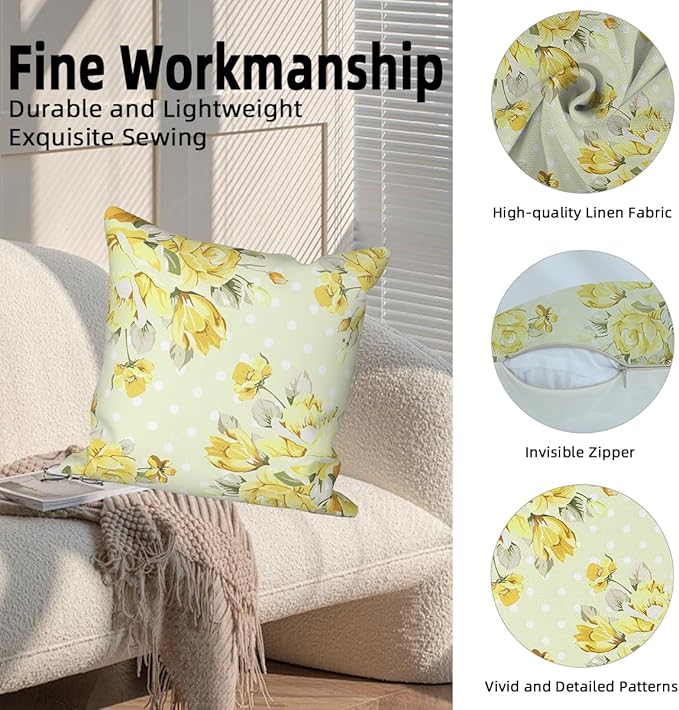 Light Yellow Flower Throw Pillow Covers 26"x26" Set of 4, Retro Floral Decorative Pillowcases for Sofa Chair Couch Bed Living Room Office Car Garden Patio Farmhouse Indoor Outdoor