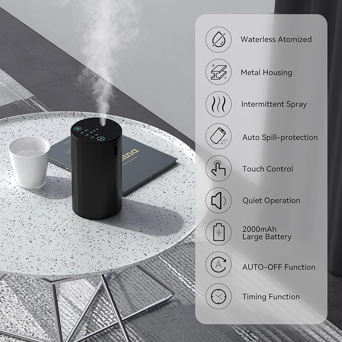 Waterless Essential Oil Diffuser Aromatherapy Scent Diffusers for Home Large Room, Bedroom, Car, Office, Desk, Battery Operated Mini Portable Air Freshener (Black)