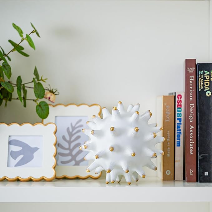 8” White Decorative Balls Sphere Statue for Modern Home Accent Decor Coffee Table Bookshelf Beach Office Living Room, Sea Urchin Spike Ball Decoration, Abstract Sculpture Centerpiece (Resin/Gold Tips)