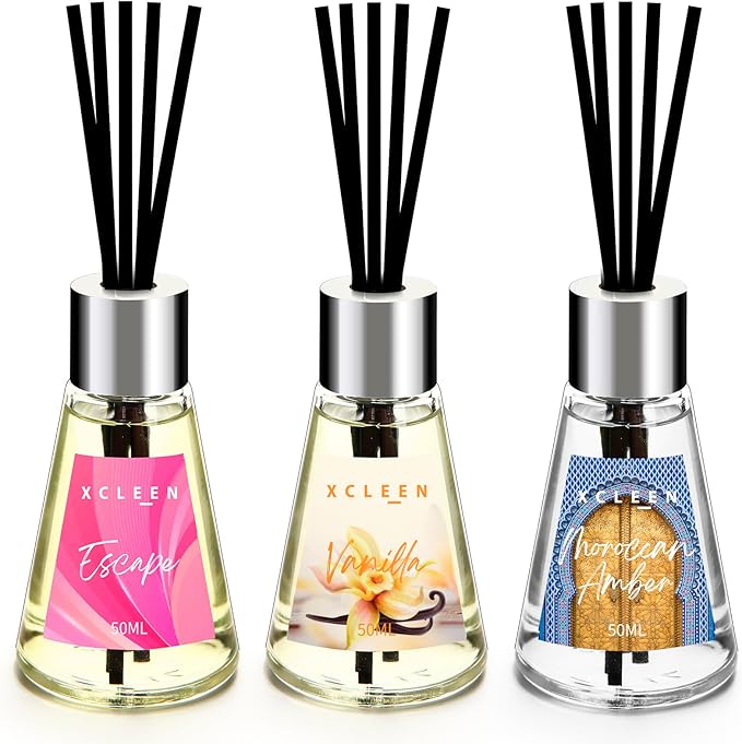 3 Pack Reed Diffuser, Scented Oil Diffuser with 15 Sticks, Escape/Vanilla/Moroccan Amber, Air Freshener for Bathroom & Office, Holiday Home Fragrance, Gift idea, Each 1.7Fl Oz, Total 5.1Oz