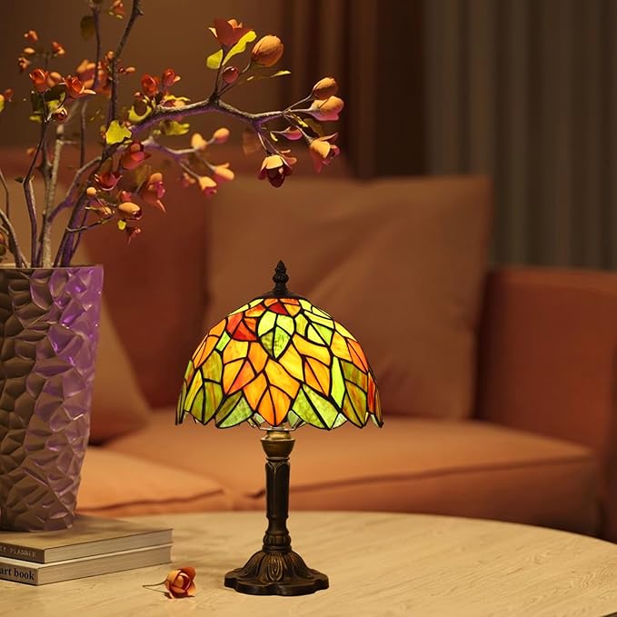 Tiffany Lamp Maple Leafs Stained Glass Bedside Nightstand Table Lamp,3-Way Color Temperature,Handcrafted Small Lamps for Living Room,Bedroom+LED Bulb,Home Decor Gifts,9X9X15Inch